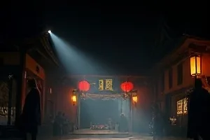 第七码头剧照，集装箱堆场与扫过夜空的探照灯